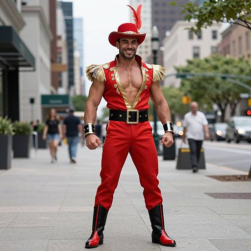 Man in Red Ringmaster Costume with Gold Accents on City Street