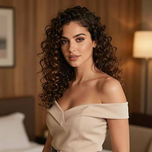 Elegant Woman with Curly Hair in Off-Shoulder Dress - Gen Z Style