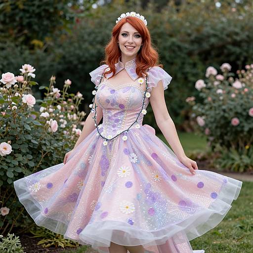 Red Haired Woman in Pastel Floral Vintage Dress in Garden