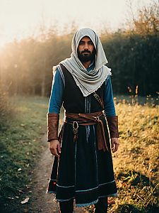 Man in Medieval-Inspired Cosplay Costume with Hooded Scarf Outdoors