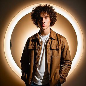 Confident Young Man with Curly Hair in Dramatic Lighting