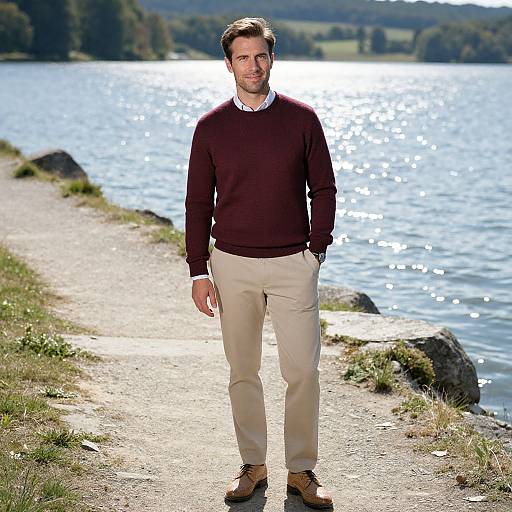 Man in Burgundy Sweater Standing by Lakeside Path