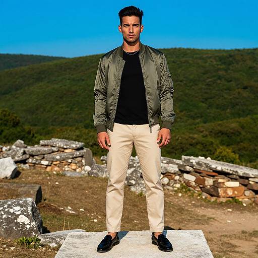 Stylish Man in Bomber Jacket Standing Outdoors with Scenic Hills Background