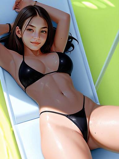 Realistic Digital Art of Woman Relaxing in Black Bikini on Lounge Chair