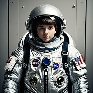Realistic Silver Astronaut Suit on Young Boy with NASA Patches