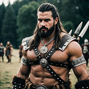 Muscular Barbarian Warrior in Outdoor Setting