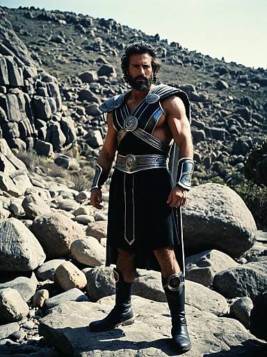 Photorealistic Outdoor Portrait of Man in Hephaestus Costume Among Rocky Terrain