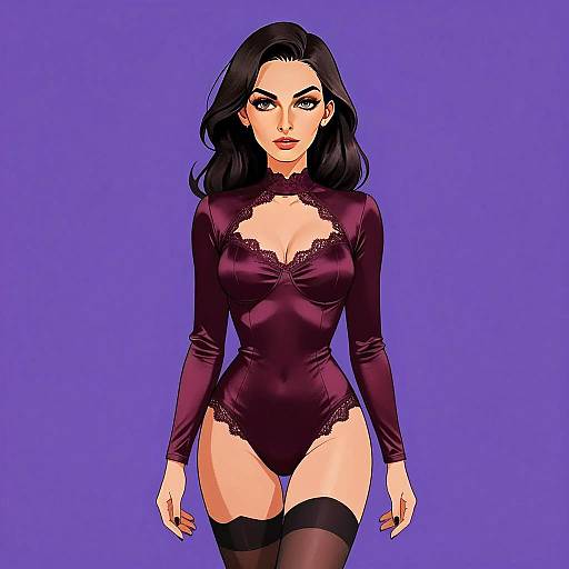 Chic Woman in Deep Burgundy Satin Bodysuit with Lace Trim Illustration