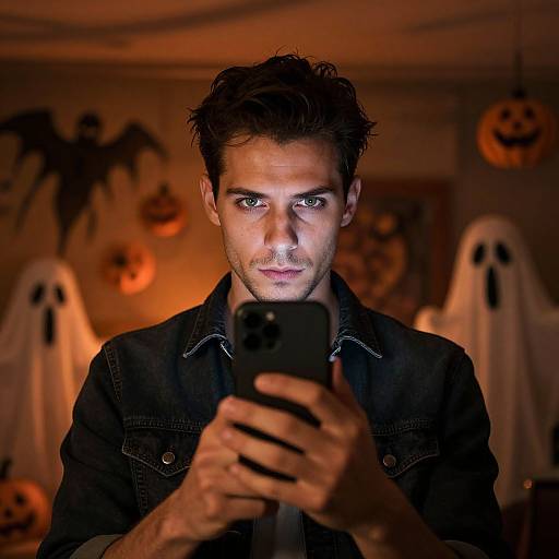 Young Man Using Smartphone in Halloween Decorated Room