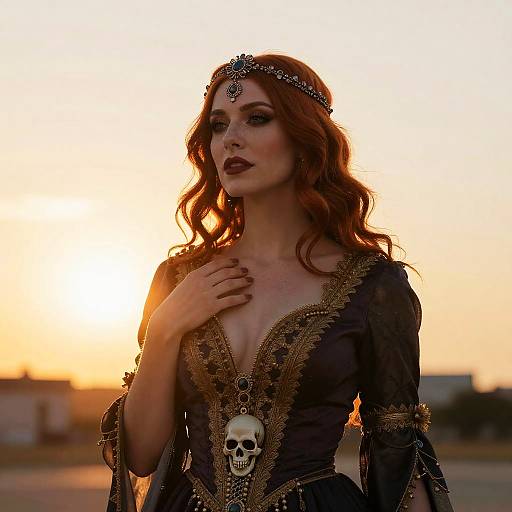 Red Haired Woman in Gothic Medieval Dress with Skull Pendant at Sunset