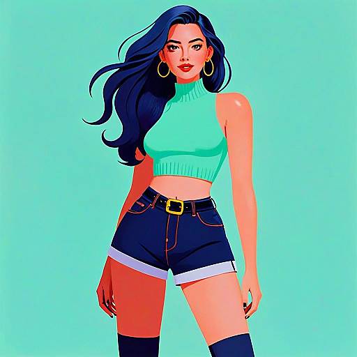 Trendy Gen Z Woman in Turquoise Crop Top and Denim Shorts Digital Illustration
