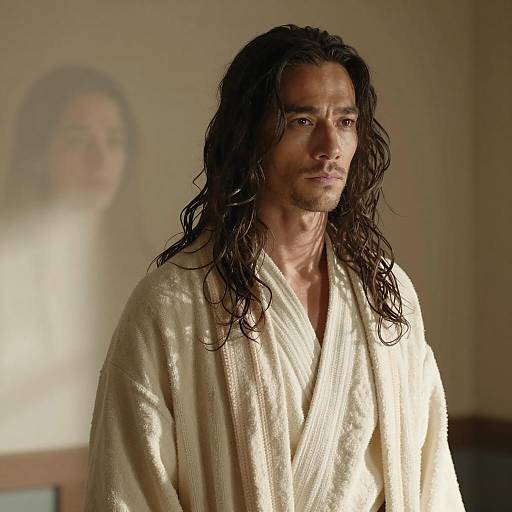 Contemplative Man in White Bathrobe with Woman's Silhouette Background