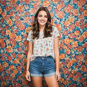 Confident Woman in Floral Shirt and Denim Shorts