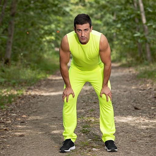 Man in Neon Yellow Athletic Wear Taking a Break on Forest Running Trail