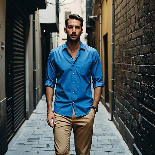 Man in Blue Shirt and Tan Pants Walking in Urban Alleyway in Smart Casual Style