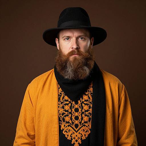 Bearded Man in Traditional Embroidered Orange Garment and Black Hat