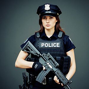 Serious Female Police Officer with Assault Rifle