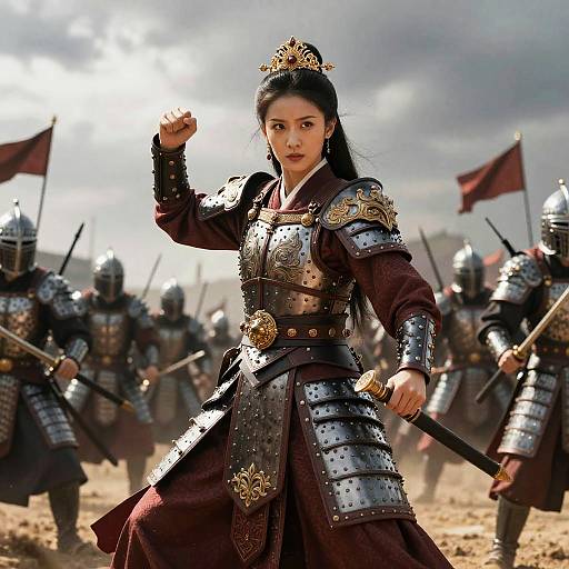 Woman Warrior in Traditional Armor Leading Soldiers in Battle