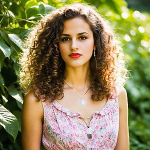 Young Woman with Curly Hair in Floral Top Outdoors