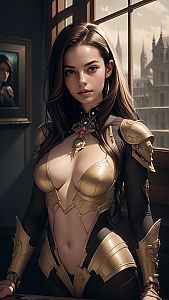 Fantasy Woman in Gold Armor by Window with Medieval Cityscape