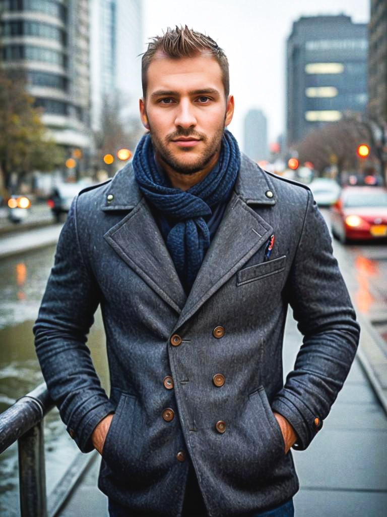 Stylish Young Man in Gray Coat on City Street