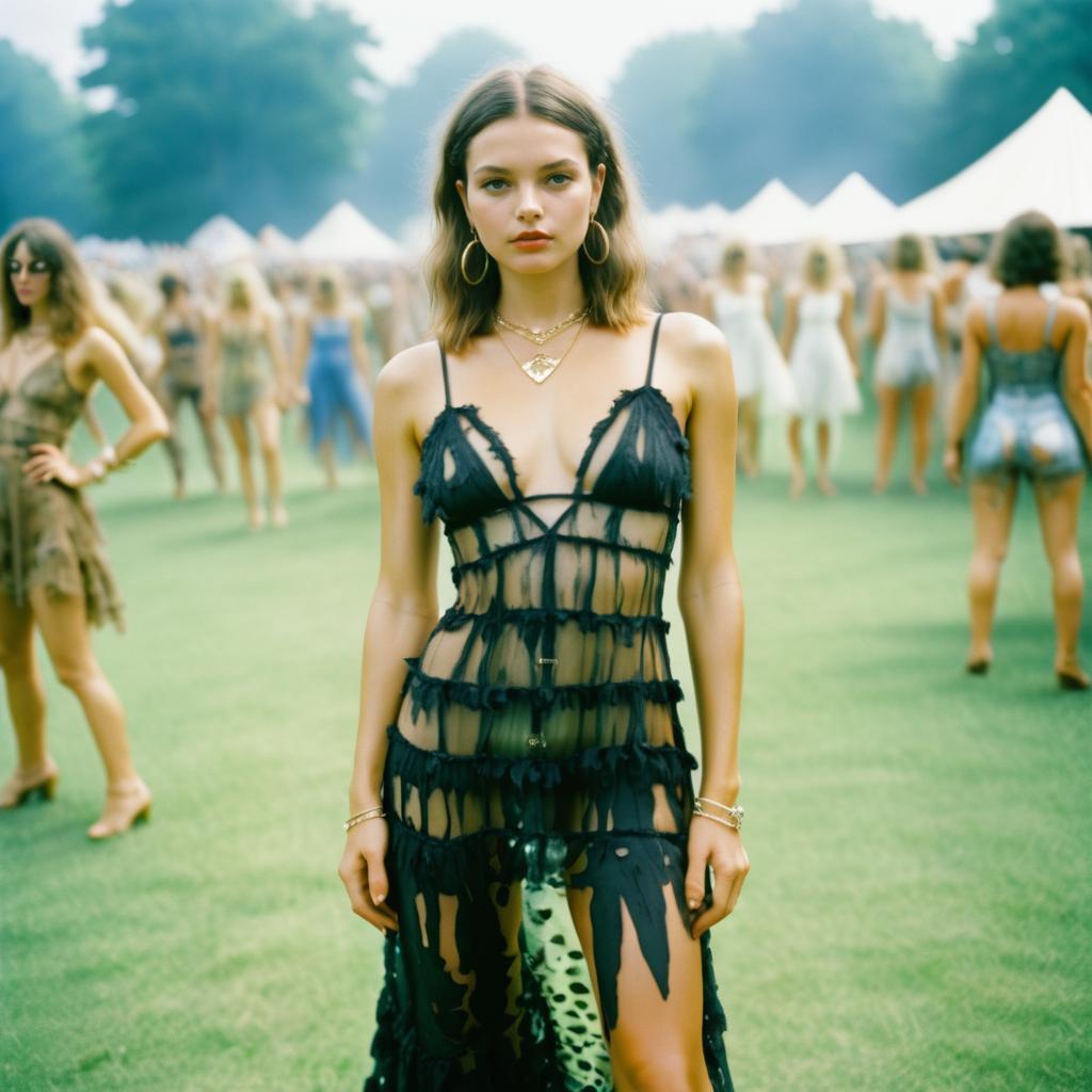 Woman in Translucent Black Dress at Woodstock Festival