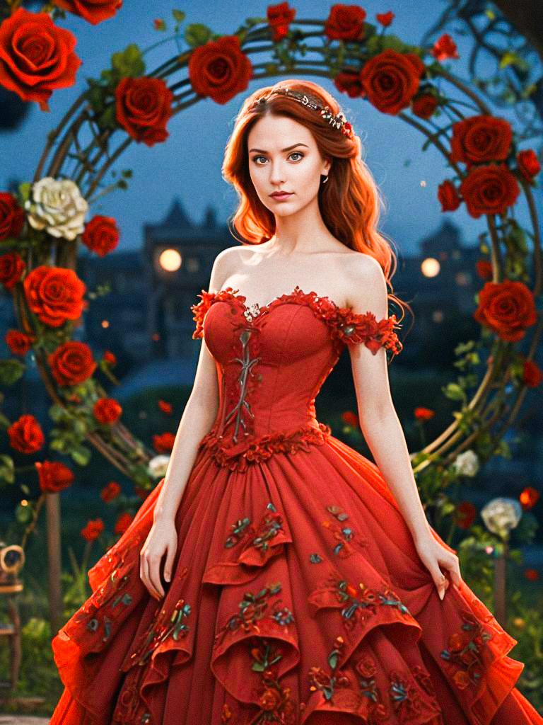 Young Woman in Elegant Red Gown Amidst Blooming Roses Young Woman in Elegant Red Gown Amidst Blooming Roses
