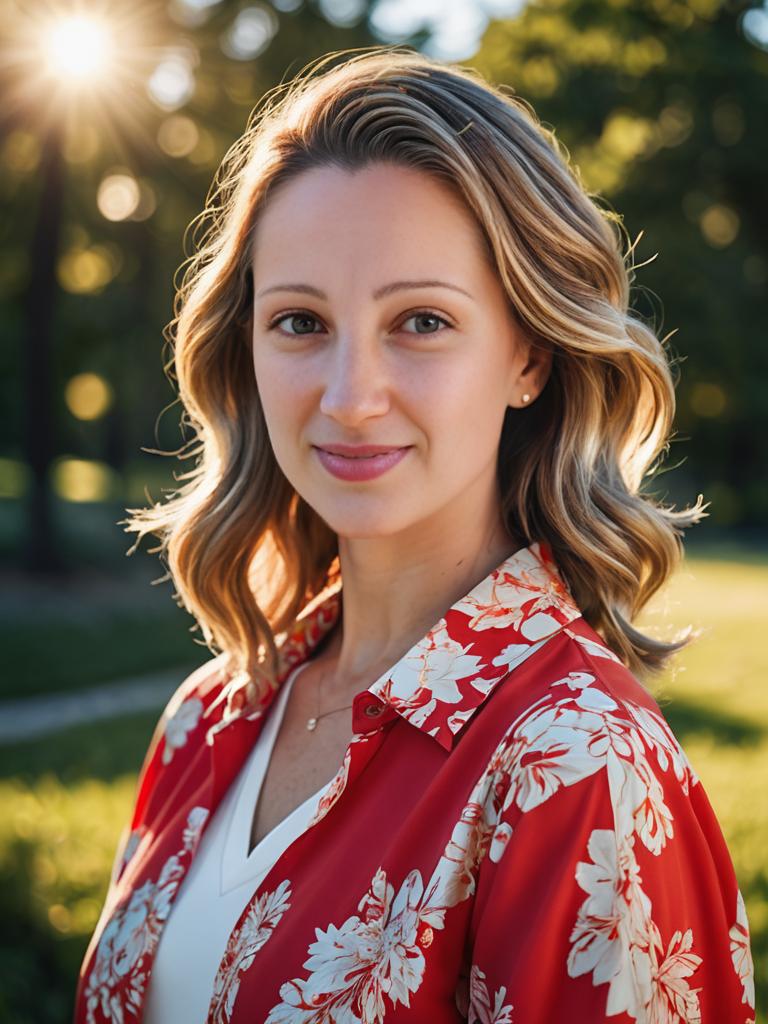 Woman in Red Floral Shirt in Sunlit Park