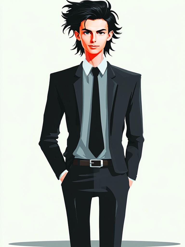 Confident Young Man in Black Suit - Anime Style