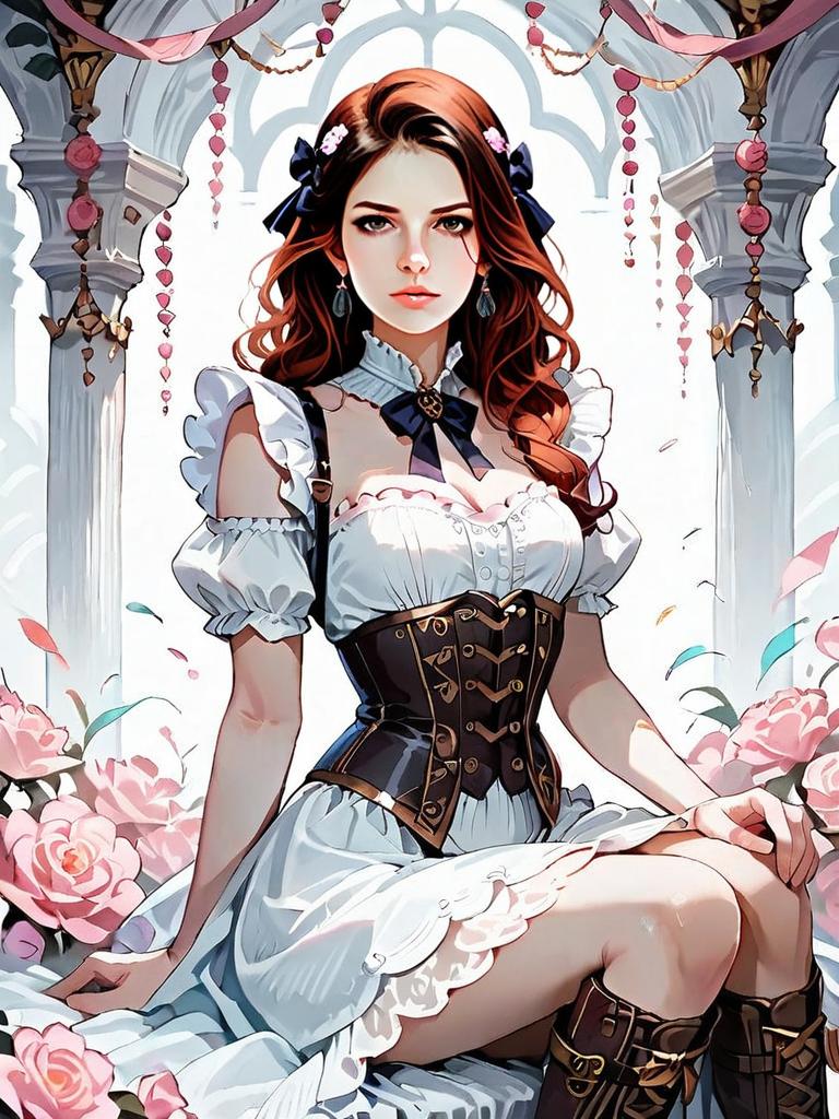 Victorian Style Woman in Corset Dress Sitting Among Roses Realistic Digital Art