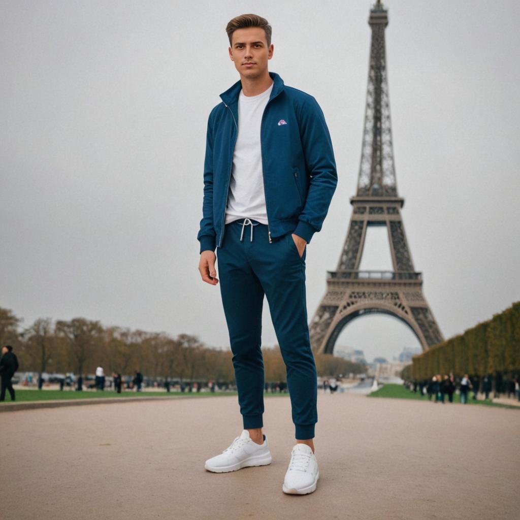 Man in Blue Tracksuit at Eiffel Tower