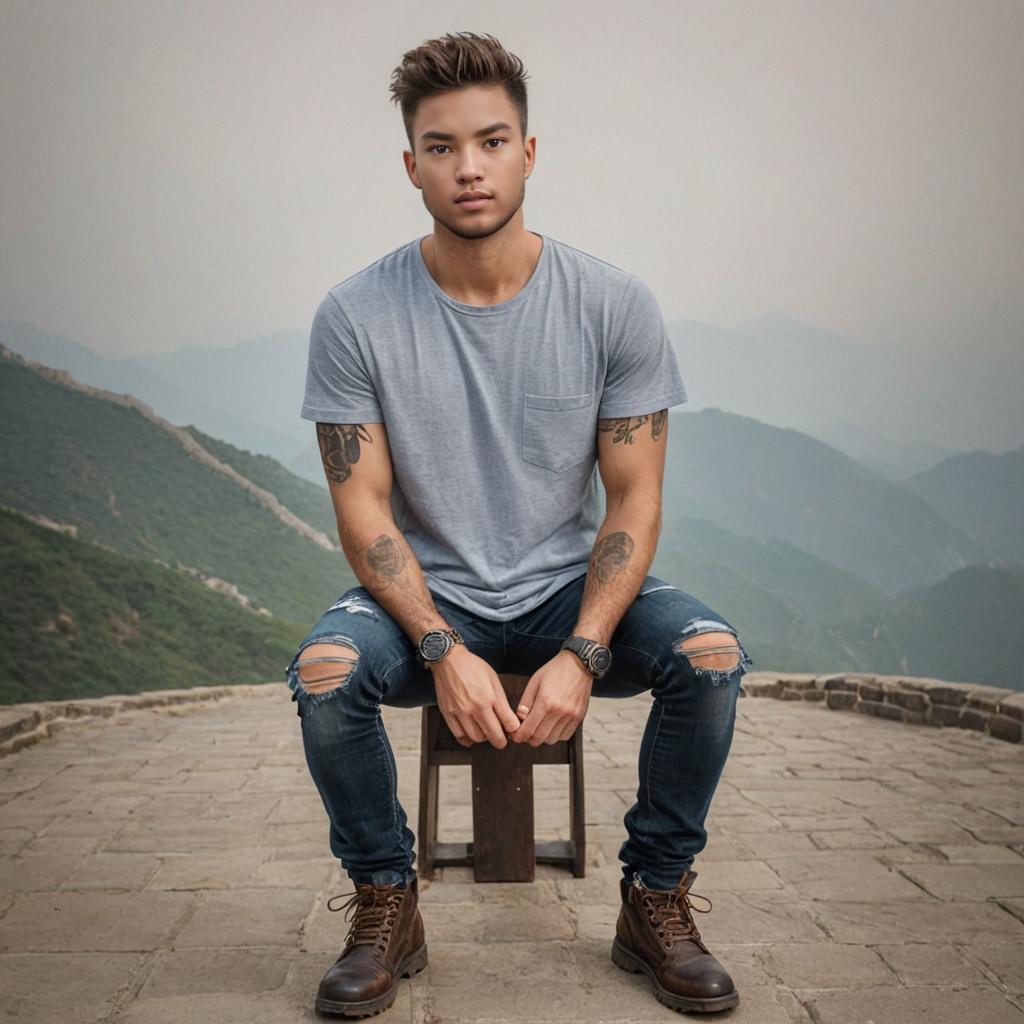 Man in Stylish Pose at Great Wall of China