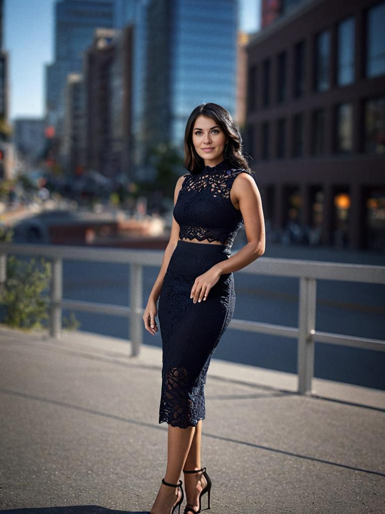 Stylish Woman in Chic Black Lace Outfit on City Street