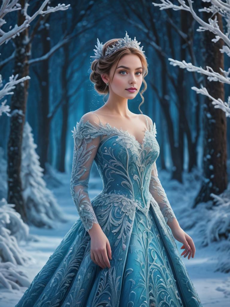 Woman in blue gown and silver crown in snowy forest