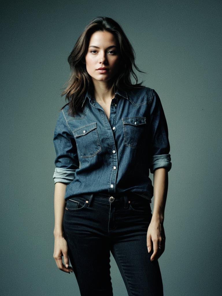 Woman in Black Jeans and Denim Shirt Fashion Portrait