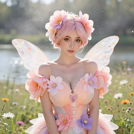 Fairy Woman in Pastel Floral Costume by the Lake