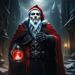 Mysterious Man in Dark Armor with Lantern and Santa Hat