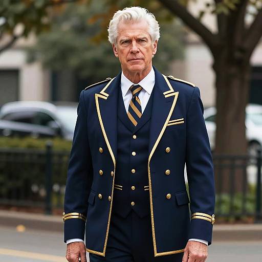 Elderly Man in Regal Navy Blue Suit with Gold Trim
