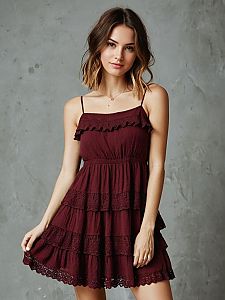 Bohemian Tiered Mini Dress in Deep Burgundy with Spaghetti Straps