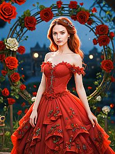 Young Woman in Elegant Red Gown Amidst Blooming Roses