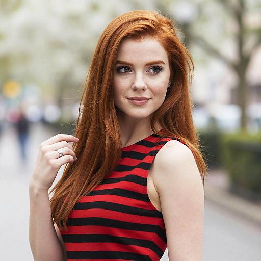 Confident Red-Haired Woman in Striped Top Outdoors