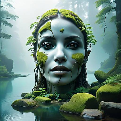 Surreal Woman Face Merging with Moss-Covered Nature Landscape