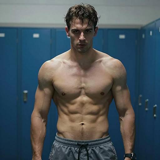Shirtless Muscular Man Standing in Locker Room Showing Abs