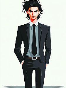 Confident Young Man in Black Suit - Anime Style