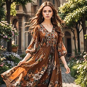 Young Woman in Floral Dress in Sunlit Garden