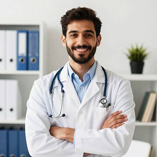 Smiling Young Male Doctor in White Lab Coat with Stethoscope in Medical Office