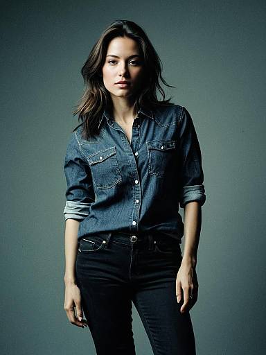 Woman in Black Jeans and Denim Shirt Fashion Portrait