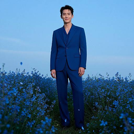 Man in Blue Suit Standing in Blue Flower Field