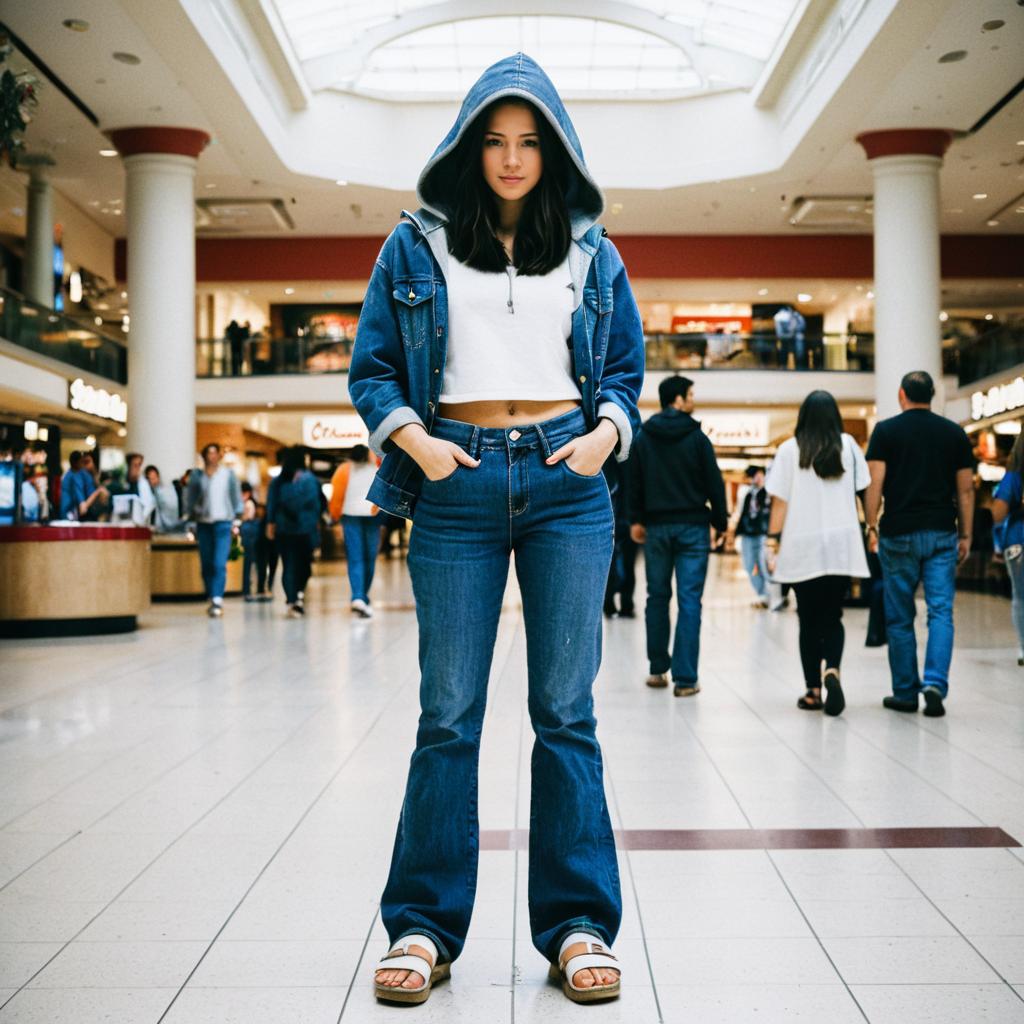 Young Woman in Casual Hooded Denim Jacket and Flared Jeans at Fashion Mall