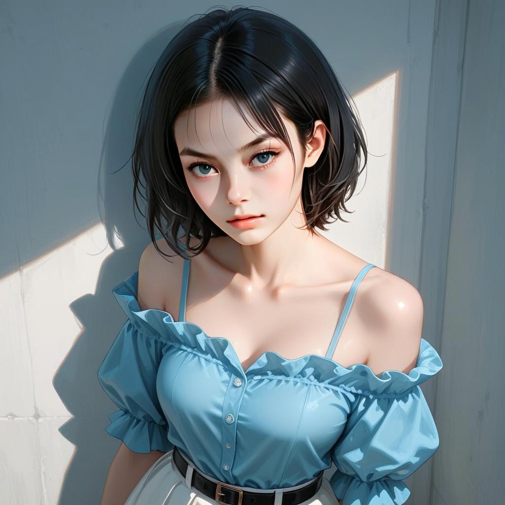 Digital Illustration of Young Woman in Blue Off-Shoulder Top with Realistic Anime Style